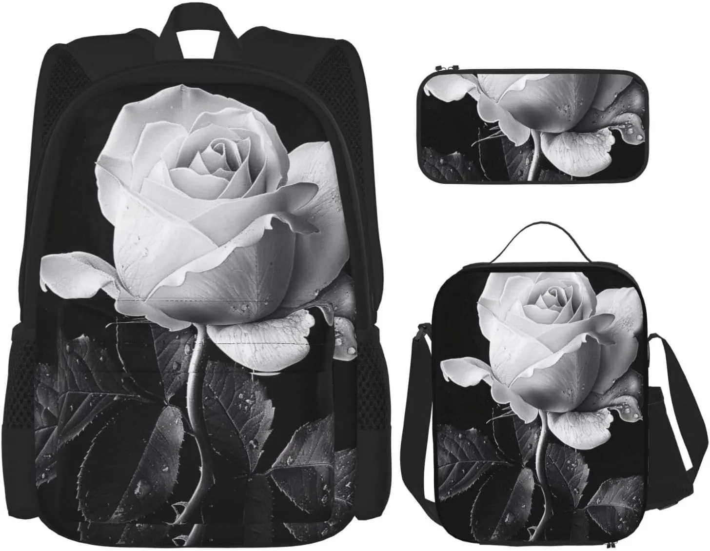 Monochrome Rose Printed Backpack Set of 3 - Laptop Book Bag with Insulated Lunch Bag and Pencil Case for School Travel Work, Black, One Size, black, Einheitsgröße