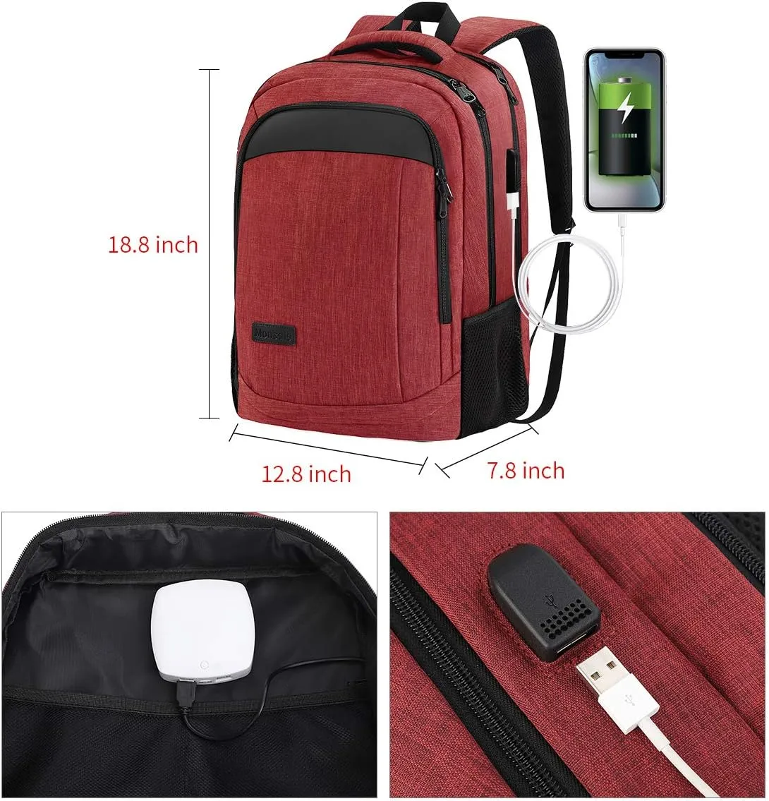 Monsdle Travel Laptop Backpack Anti Theft Backpacks with USB Charging Port, Travel Backpacks Business Work Bag 15.6 Inch College Computer Bag for Men Women, Red