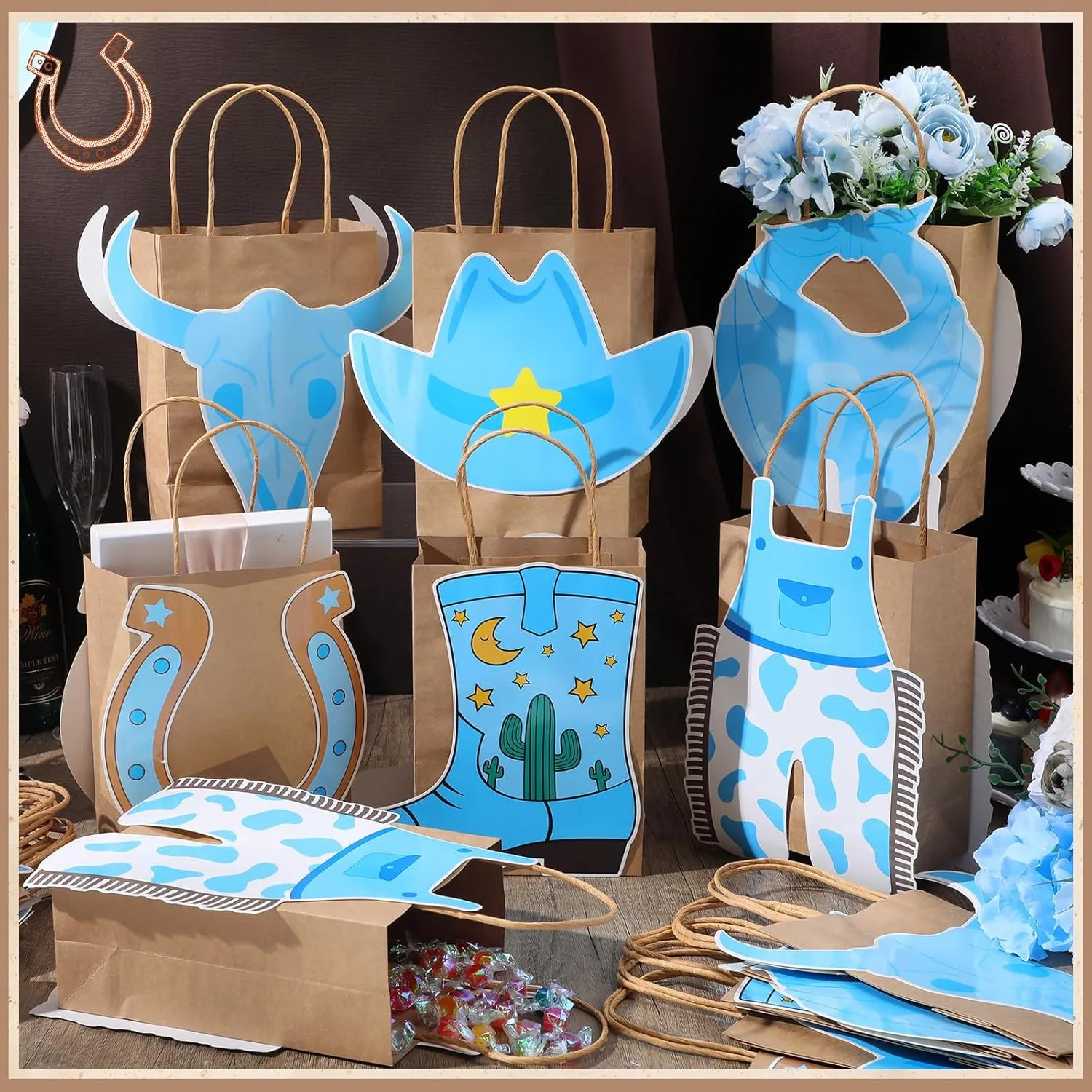 Mooliwe 24 Pcs My First Rodeo Birthday Party Favors Bags, Cowgirl Birthday Gift Snacks Western Cowboy Theme Treat Candy Party Favor Bag with Handle for Baby Shower Wild West Party Supplies(Blue)