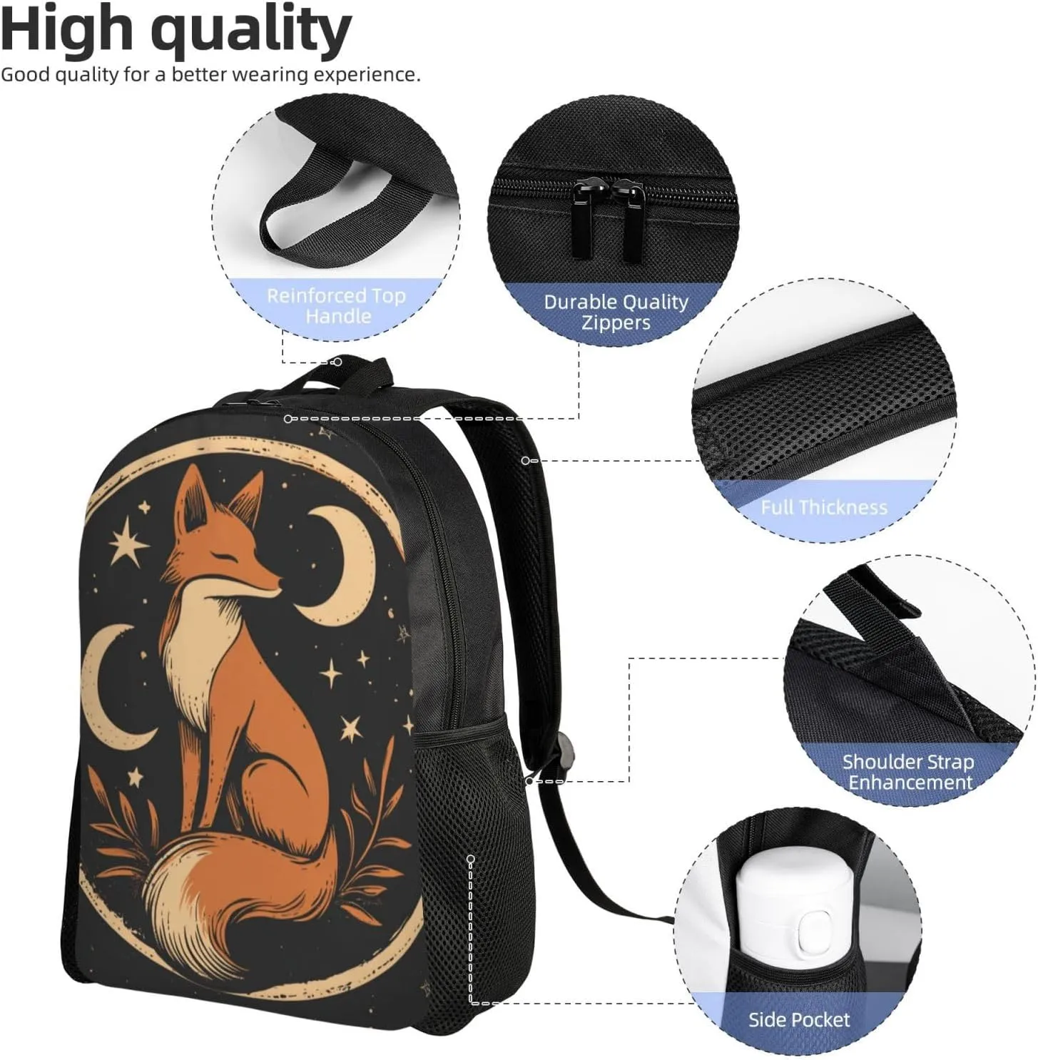 Moon Fox Backpack Waterproof Anti Theft Durable Light Laptop Bag Backpacks For Women Men Travel Gym Backpack