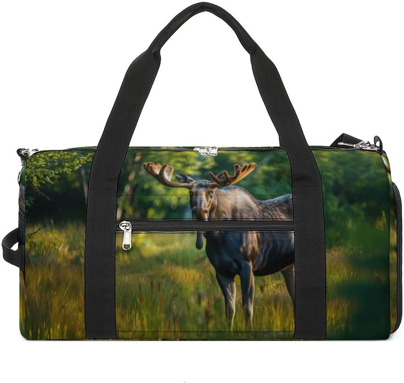 Moose in Forests Funny Gym Bag Travel Tote Bag Duffel Bag with Shoe Compartment for Weekender Sports Vacation