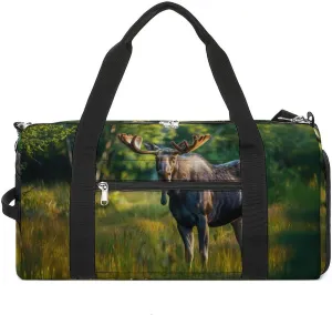 Moose in Forests Funny Gym Bag Travel Tote Bag Duffel Bag with Shoe Compartment for Weekender Sports Vacation