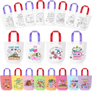 Mother's Day Coloring Goodie Bags for Kids - 24Pcs Happy Mother's Day Bulk Color Your Own Gift Bags with Handle Reusable Non Woven Coloring Tote Packet for DIY Crafts Painting Party Favor Supplies