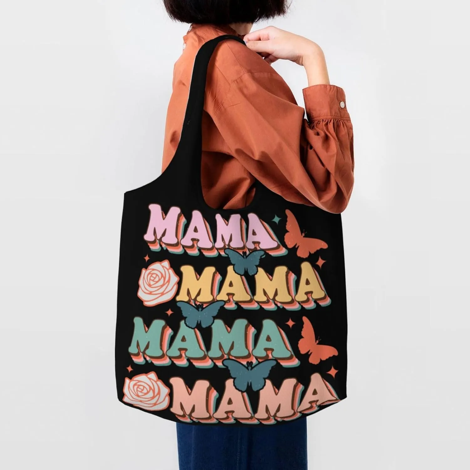 Mother's Day Floral Hearts Best Mom Ever Canvas Tote Bags Reusable Shopping Bag Handbag for Shopper Beach Gifts