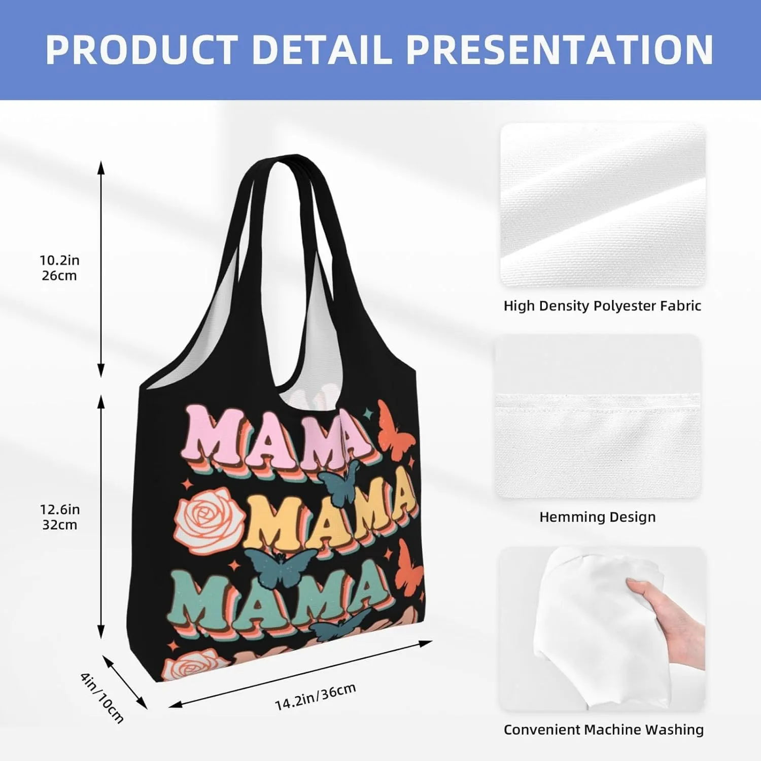 Mother's Day Floral Hearts Best Mom Ever Canvas Tote Bags Reusable Shopping Bag Handbag for Shopper Beach Gifts