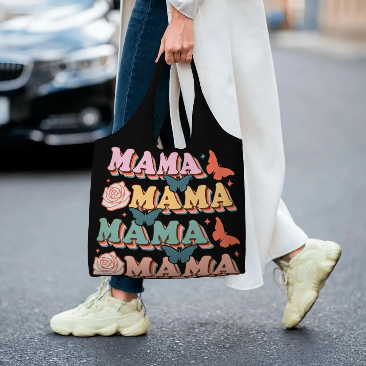 Mother's Day Floral Hearts Best Mom Ever Canvas Tote Bags Reusable Shopping Bag Handbag for Shopper Beach Gifts