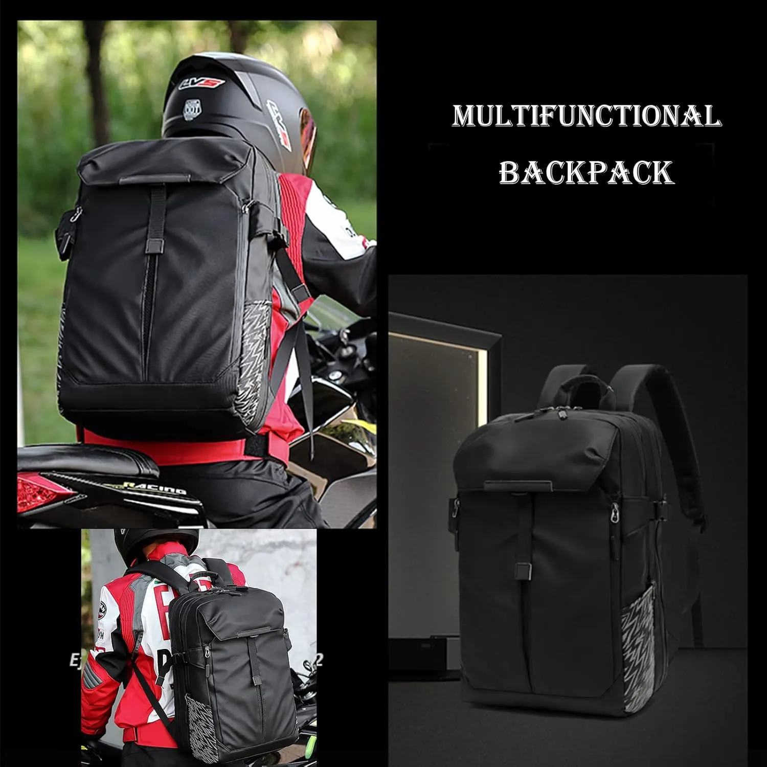 Motorcycle Backpack, 17'' Laptop Compartment, High-Density Nylon, Adjustable Helmet Holder, Reflective, Waterproof for Outdoor Enthusiasts