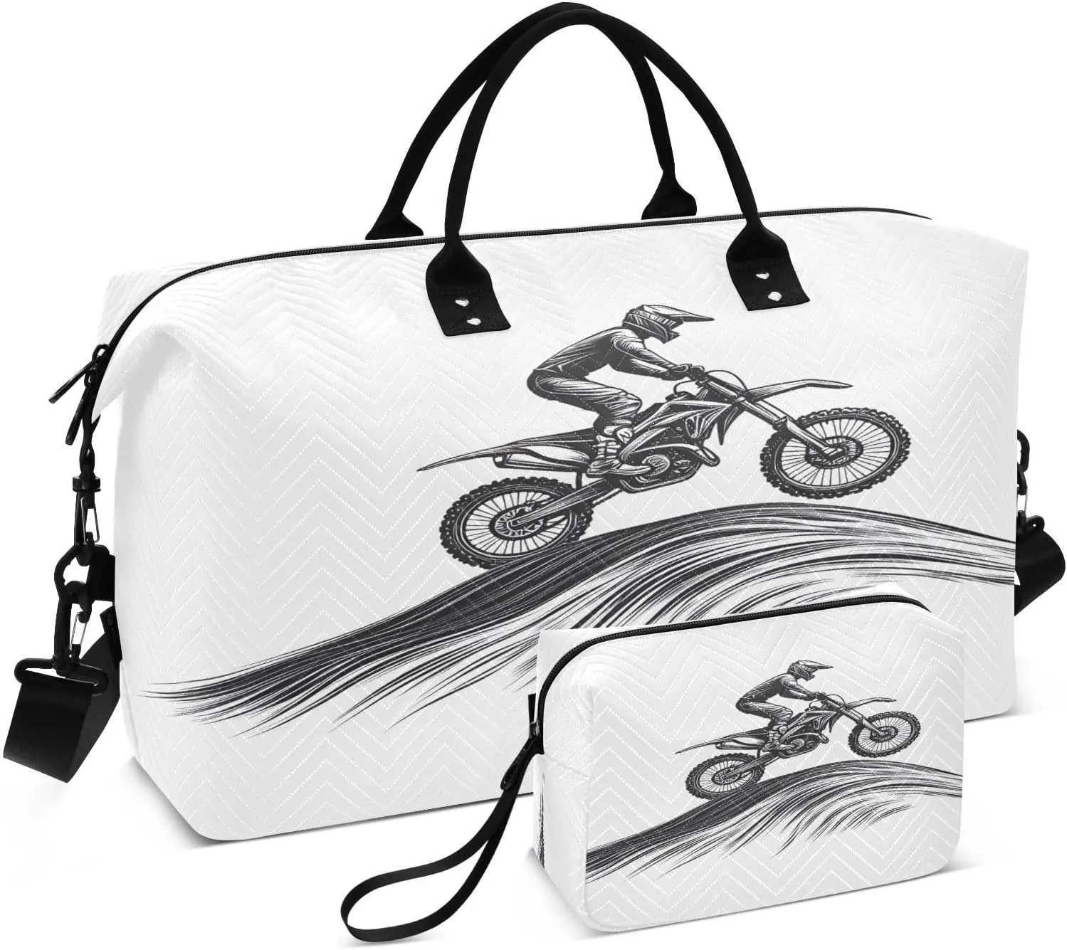 Motorcycle Rider Travel Duffel Bags 2PCS,Sports Duffel Bags for Men Women,Weekender Overnight Bag Gym Tote Bag with Toiletry Bag