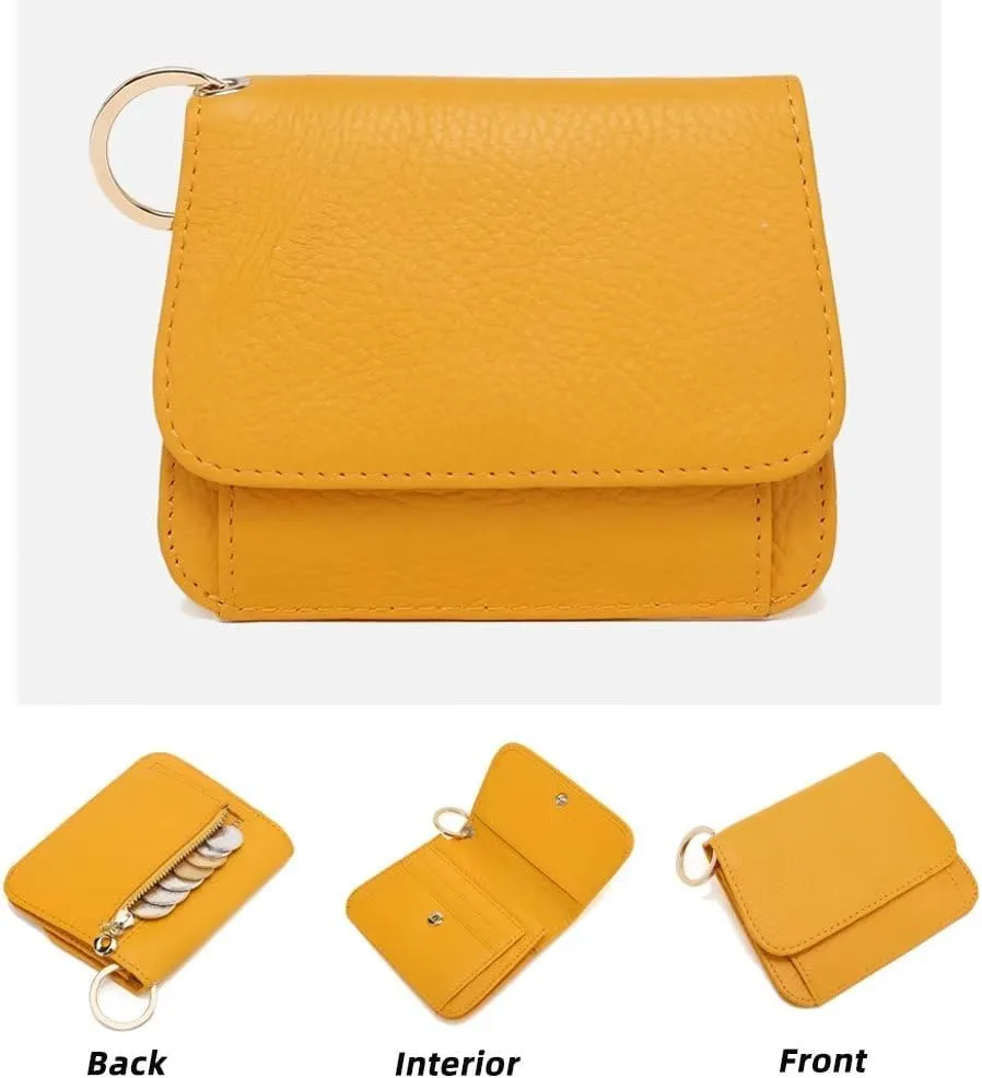 Mudono Small Wallet for Women RFID Blocking Genuine Leather Card Case Slim Tri-Fold Wallet with Zipper Pocket and Keychain