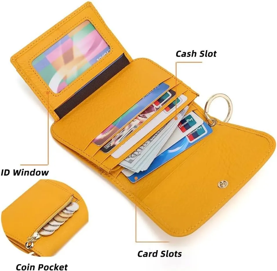 Mudono Small Wallet for Women RFID Blocking Genuine Leather Card Case Slim Tri-Fold Wallet with Zipper Pocket and Keychain