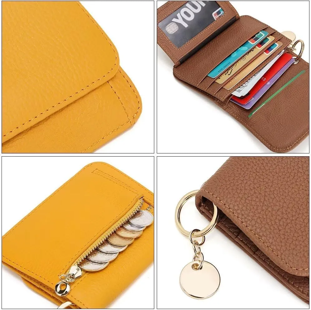 Mudono Small Wallet for Women RFID Blocking Genuine Leather Card Case Slim Tri-Fold Wallet with Zipper Pocket and Keychain