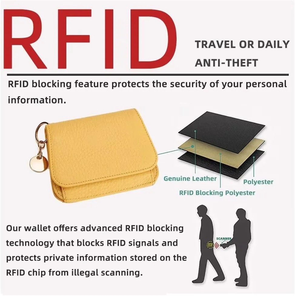 Mudono Small Wallet for Women RFID Blocking Genuine Leather Card Case Slim Tri-Fold Wallet with Zipper Pocket and Keychain