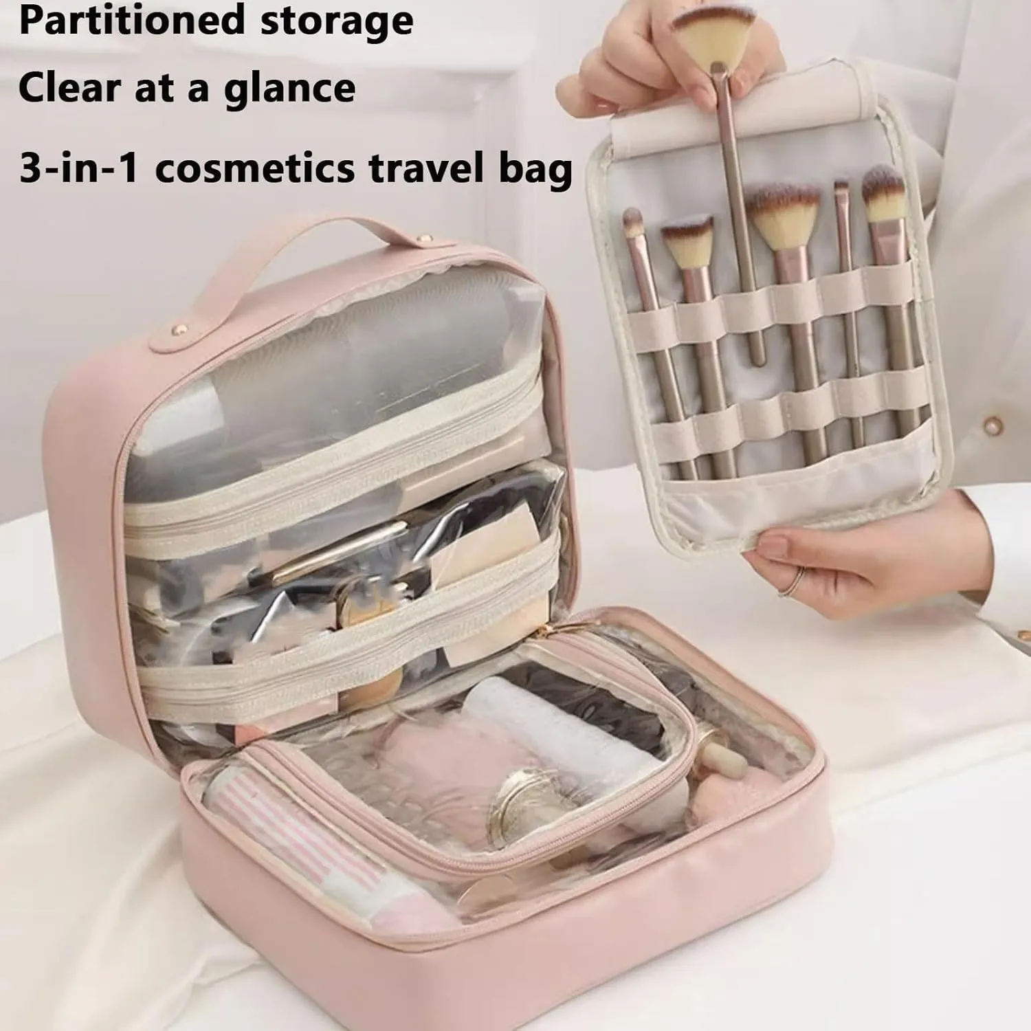 Multi-Compartment Toiletry Cosmetics Bag, Pu Leather Portable Storage Bag, Makeup Bag Large Travel Cosmetic Bags for Women (Pink)