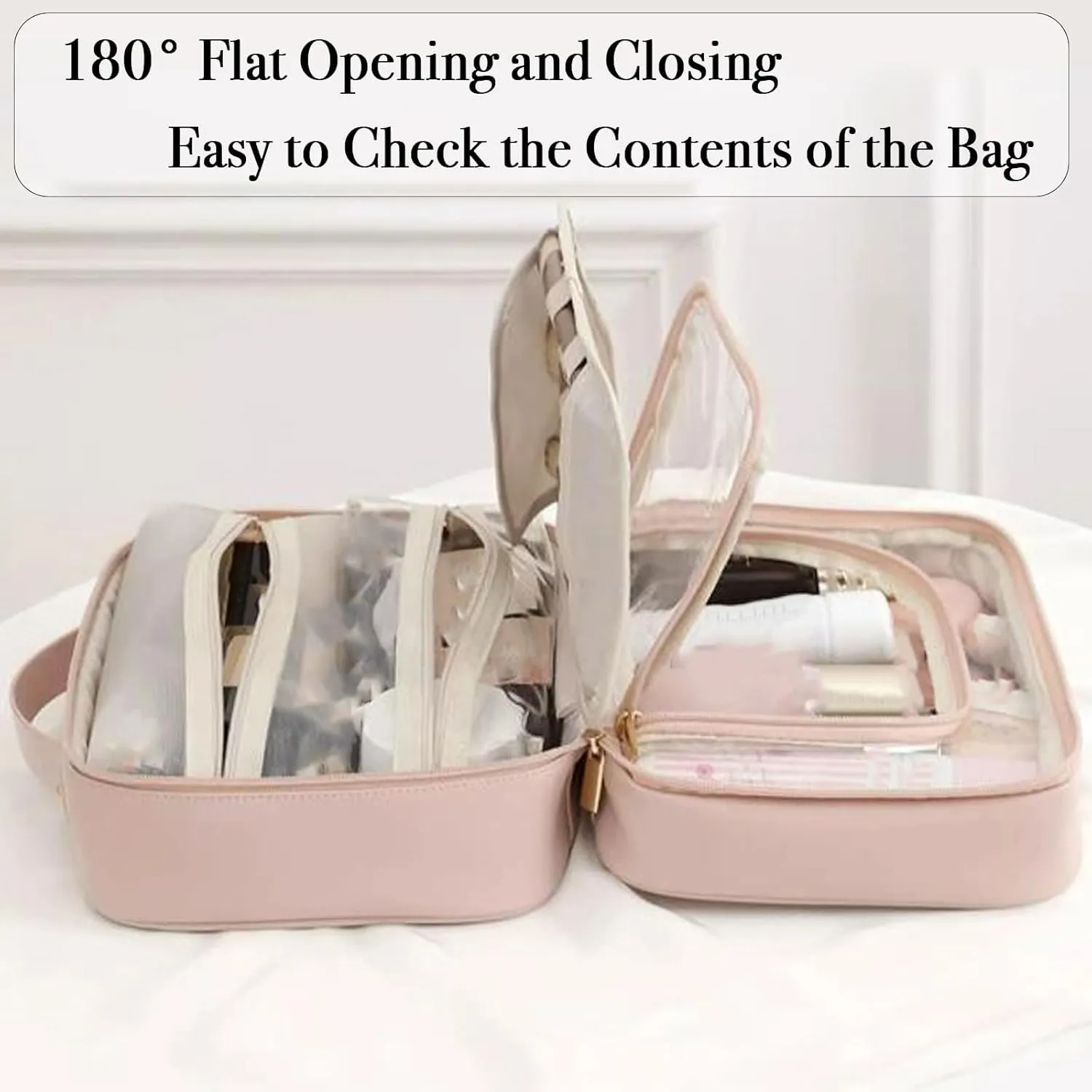 Multi-Compartment Toiletry Cosmetics Bag, Pu Leather Portable Storage Bag, Makeup Bag Large Travel Cosmetic Bags for Women (Pink)