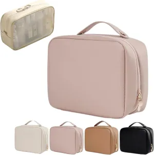 Multi-Compartment Toiletry Cosmetics Bag, Pu Leather Portable Storage Bag, Makeup Bag Large Travel Cosmetic Bags for Women (Pink)