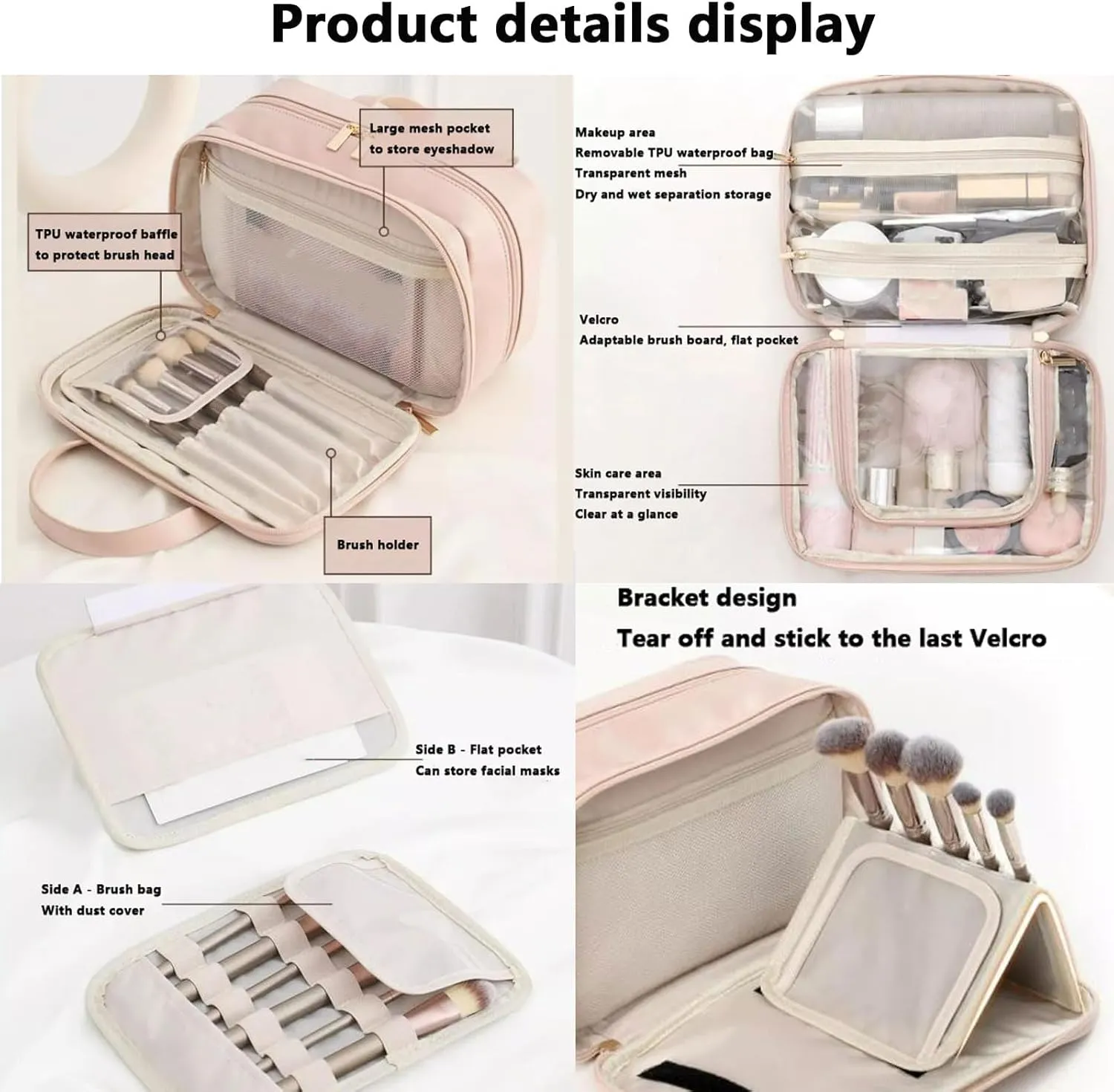 Multi-Compartment Toiletry Cosmetics Bag, Pu Leather Portable Storage Bag, Makeup Bag Large Travel Cosmetic Bags for Women (Pink)