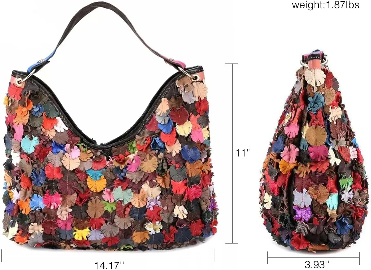 Multicolor Floral Hobo Purse Genuine Leather 3D Splicing Flowers Shoulder Satchel Colorful Handbag Crossbody Bag