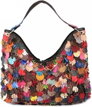 Multicolor Floral Hobo Purse Genuine Leather 3D Splicing Flowers Shoulder Satchel Colorful Handbag Crossbody Bag