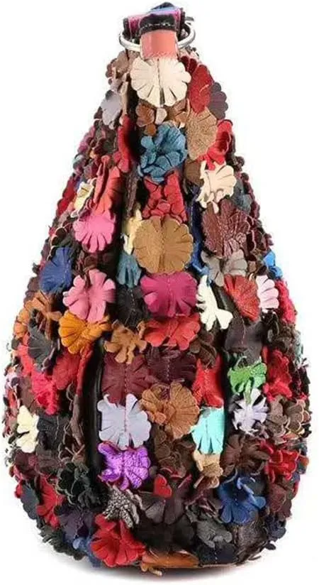 Multicolor Floral Hobo Purse Genuine Leather 3D Splicing Flowers Shoulder Satchel Colorful Handbag Crossbody Bag