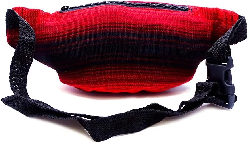 Multicolored Woven Striped Pattern Lightweight Fanny Pack Waist Bag - Handmade Belt Pouch Boho Travel Accessories (Red/Black)