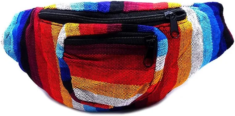 Multicolored Woven Striped Pattern Lightweight Fanny Pack Waist Bag - Handmade Belt Pouch Boho Travel Accessories (Red/Gold/Blue)