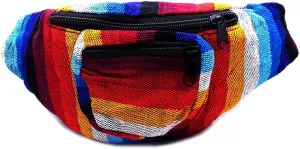 Multicolored Woven Striped Pattern Lightweight Fanny Pack Waist Bag - Handmade Belt Pouch Boho Travel Accessories (Red/Gold/Blue)