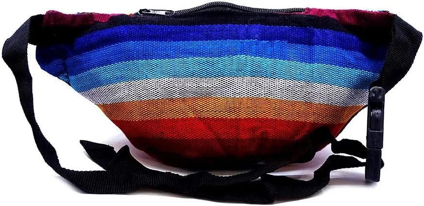 Multicolored Woven Striped Pattern Lightweight Fanny Pack Waist Bag - Handmade Belt Pouch Boho Travel Accessories (Red/Gold/Blue)