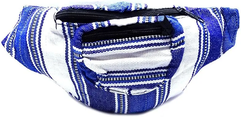 Multicolored Woven Striped Pattern Lightweight Fanny Pack Waist Bag - Handmade Belt Pouch Boho Travel Accessories (White/Blue)