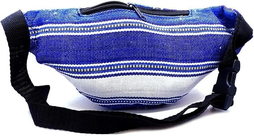 Multicolored Woven Striped Pattern Lightweight Fanny Pack Waist Bag - Handmade Belt Pouch Boho Travel Accessories (White/Blue)