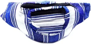 Multicolored Woven Striped Pattern Lightweight Fanny Pack Waist Bag - Handmade Belt Pouch Boho Travel Accessories (White/Blue)