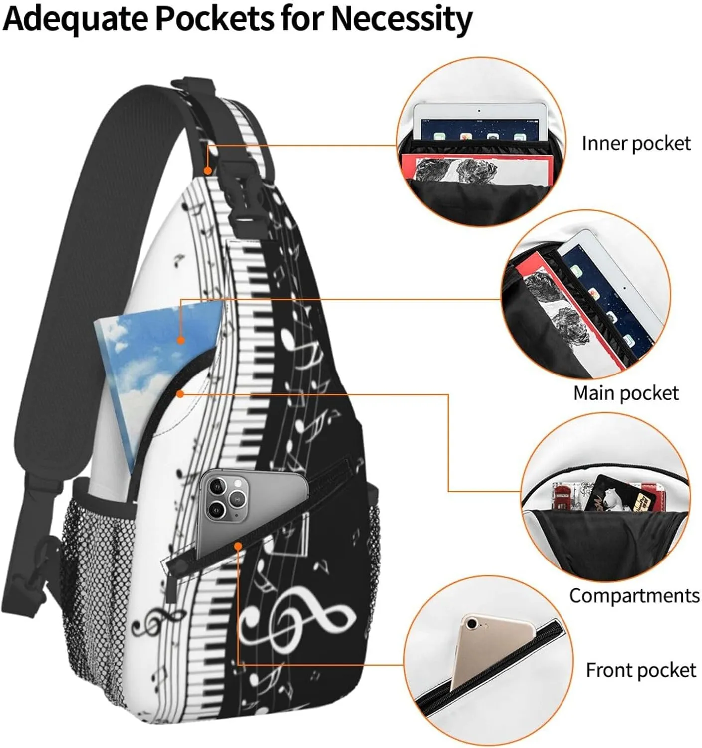 Music Note Sling Bag Cute Piano Crossbody Backpack Shoulder Chest Bags for Men Women Runners Cycling Travel Walking