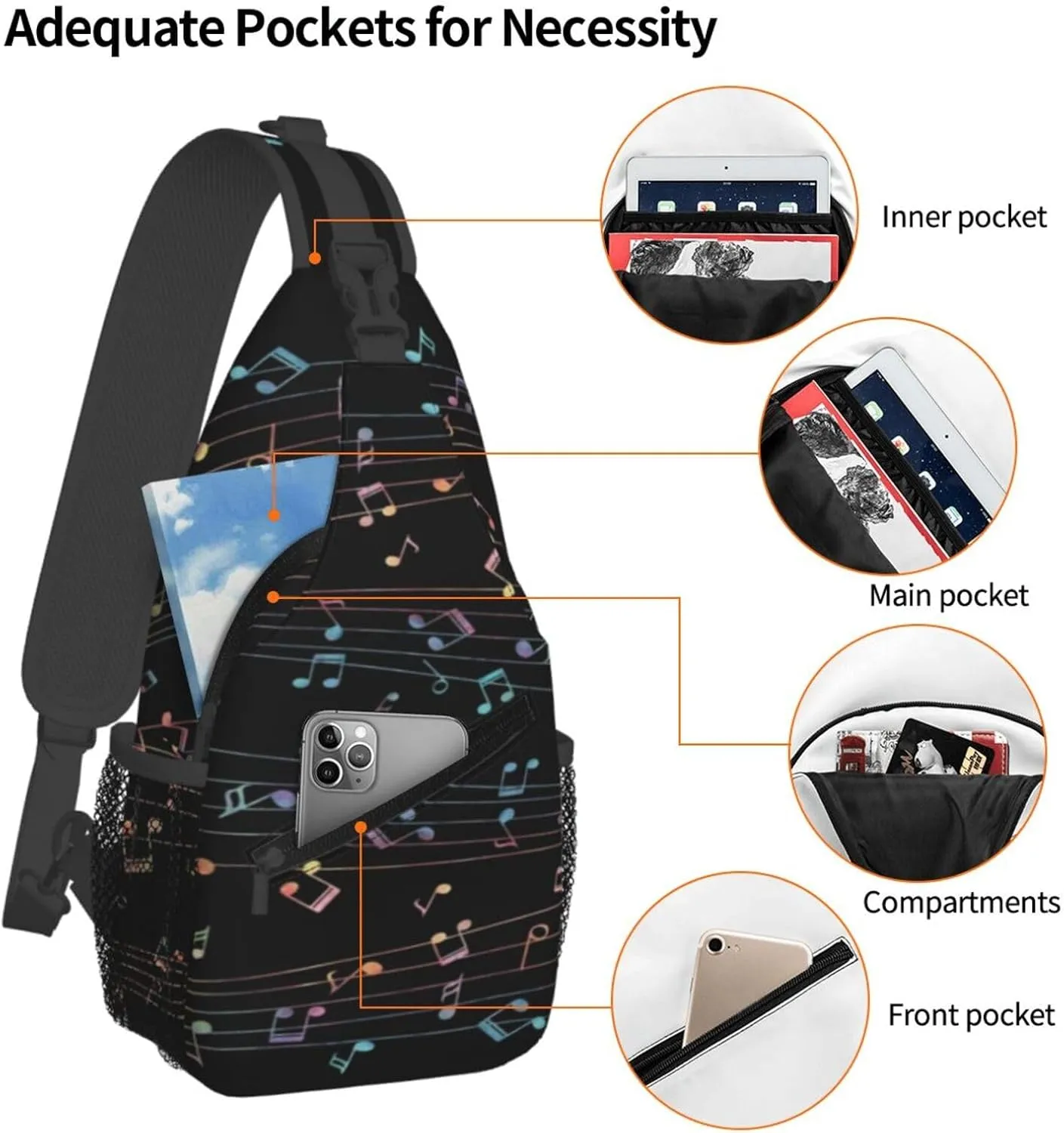 Music Note Sling Bag Cute Piano Crossbody Backpack Shoulder Chest Bags for Men Women Runners Cycling Travel Walking