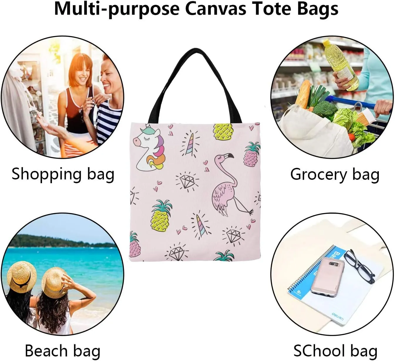 Music Notes Personalized Canvas Tote Bags, Reusable Bags for Shopping,Travel,School Handbag Gift