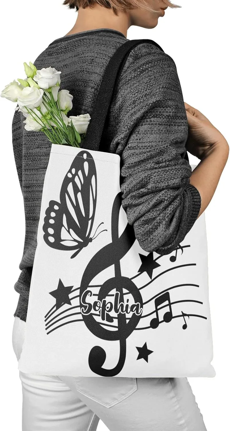 Music Notes Personalized Canvas Tote Bags, Reusable Bags for Shopping,Travel,School Handbag Gift
