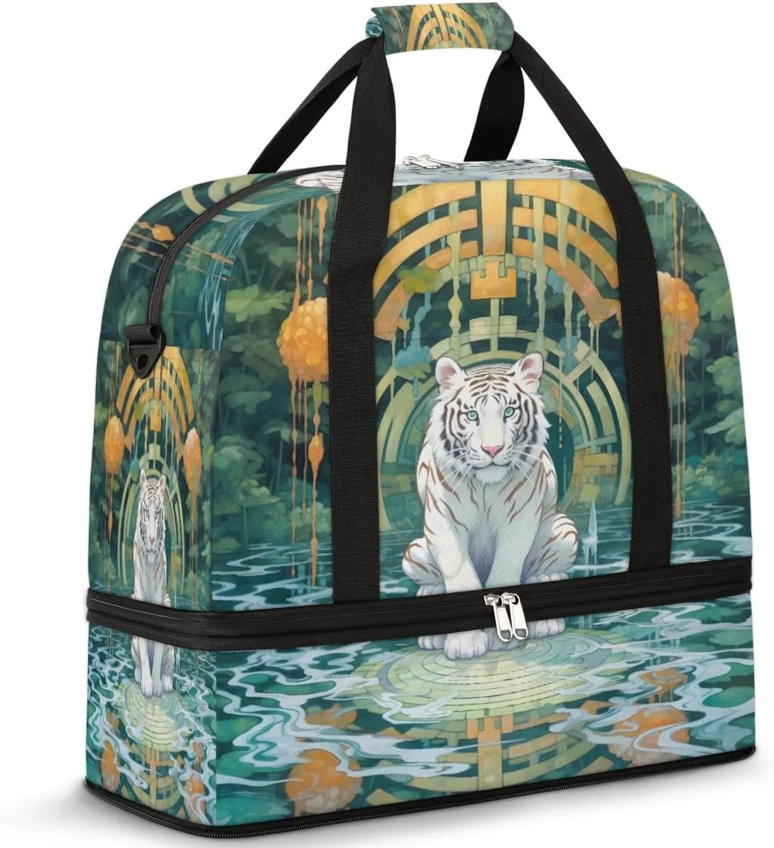 Mystical Ethnic Tiger Travel Duffel Bag with Foldable Shoe Compartment Shoulder Tote Travel Weekend Bag Sports Gym Overnight Bags