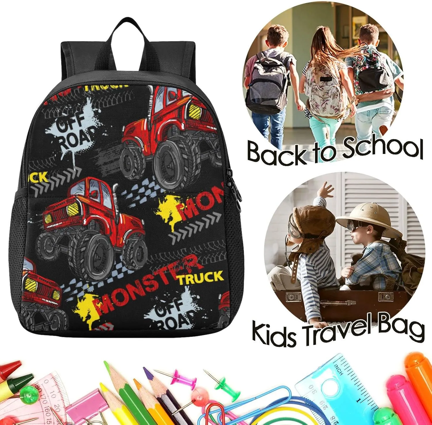 Naanle Custom Kids Backpack with Name Monster Trucks Backpacks Boys Girls Personalized Baby Rucksack for Preschool