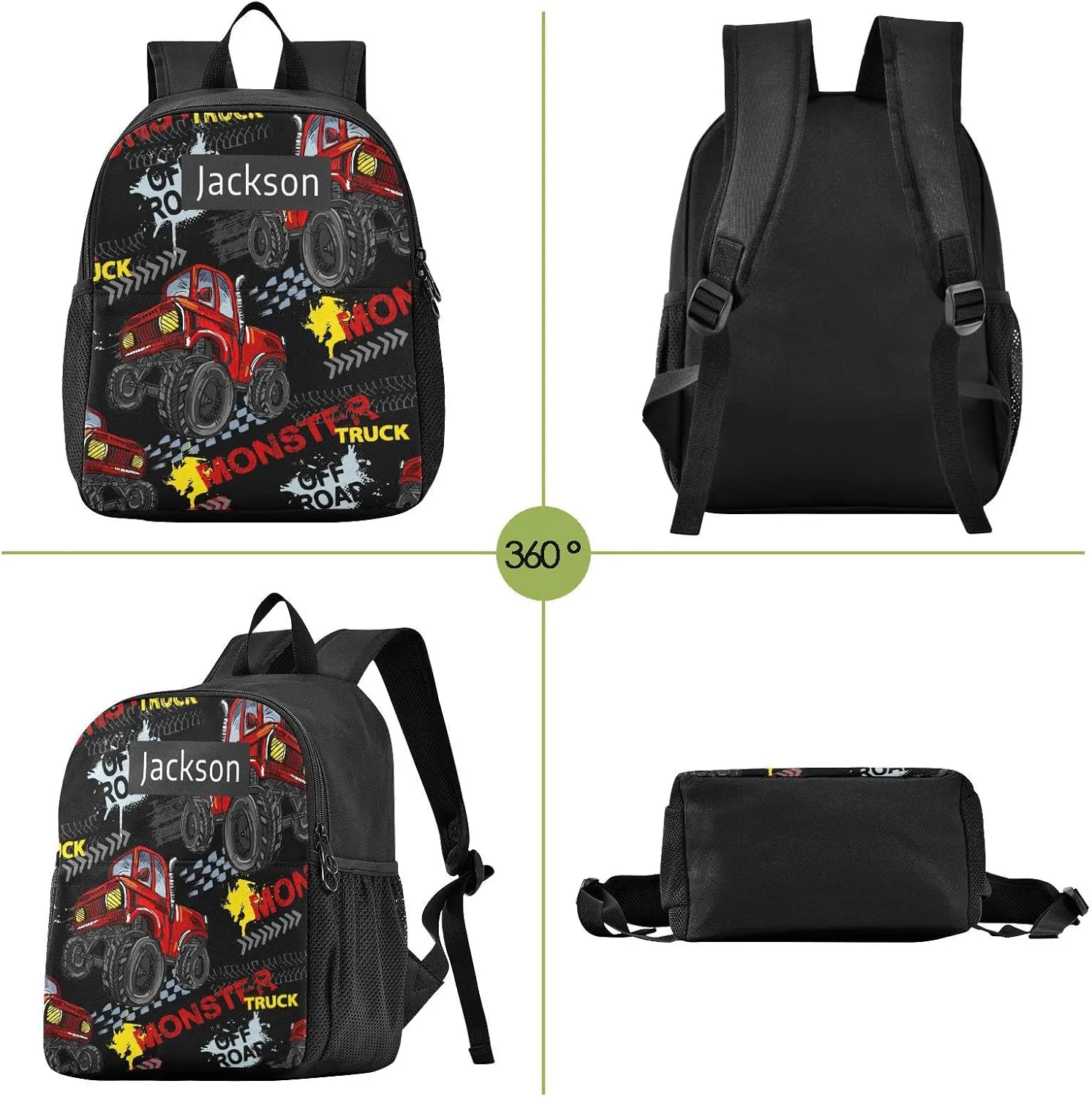 Naanle Custom Kids Backpack with Name Monster Trucks Backpacks Boys Girls Personalized Baby Rucksack for Preschool