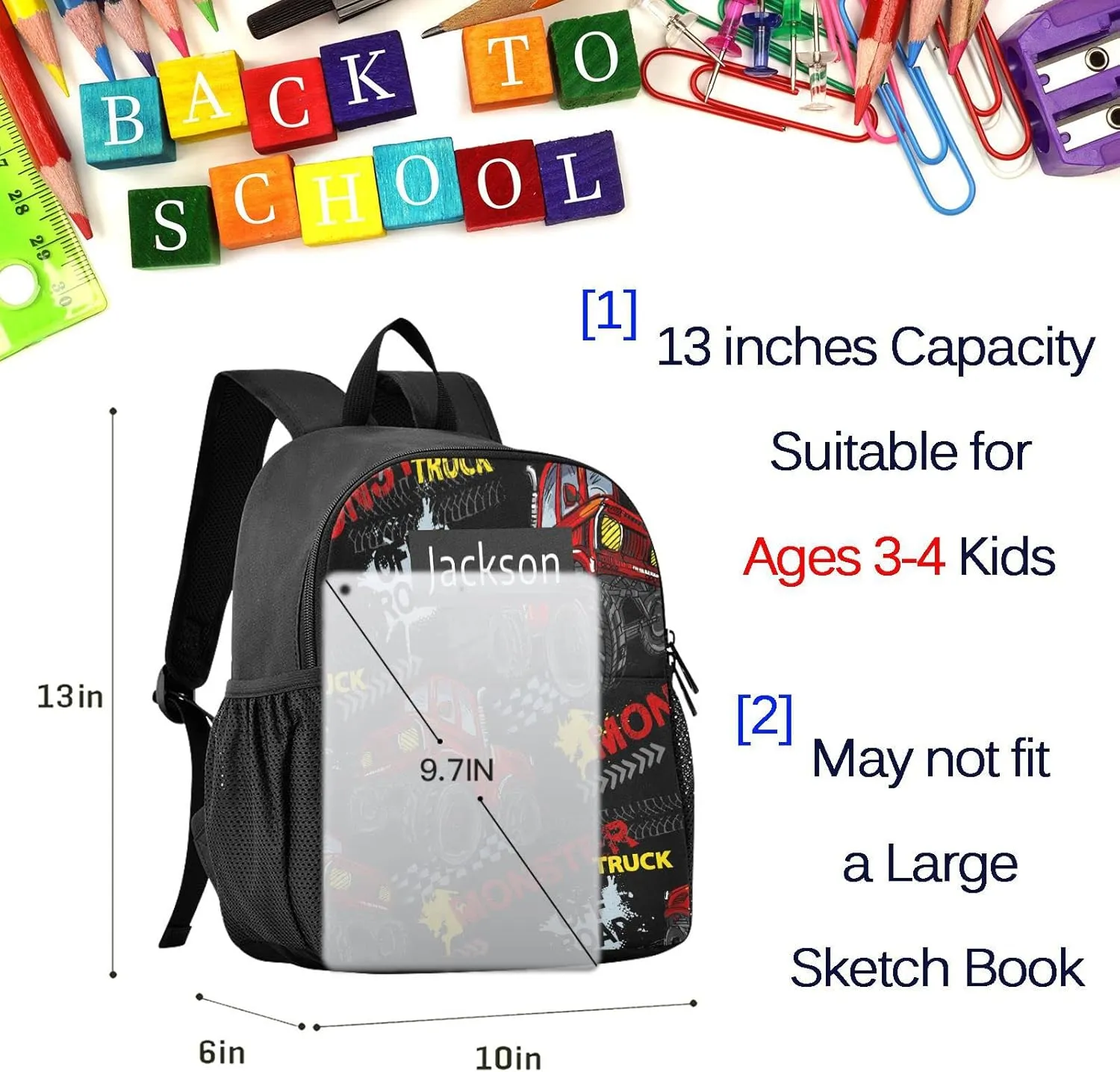 Naanle Custom Kids Backpack with Name Monster Trucks Backpacks Boys Girls Personalized Baby Rucksack for Preschool