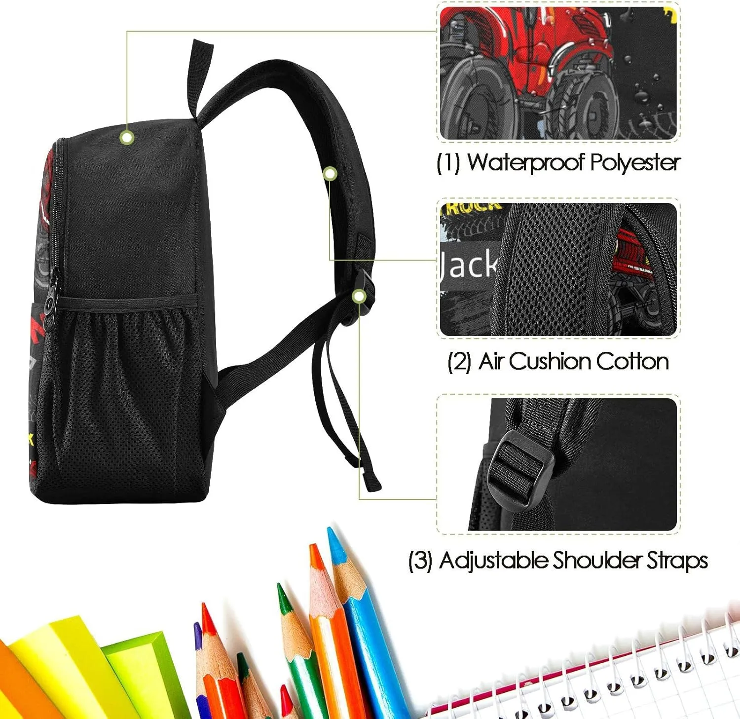 Naanle Custom Kids Backpack with Name Monster Trucks Backpacks Boys Girls Personalized Baby Rucksack for Preschool