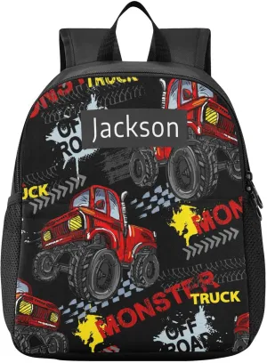 Naanle Custom Kids Backpack with Name Monster Trucks Backpacks Boys Girls Personalized Baby Rucksack for Preschool