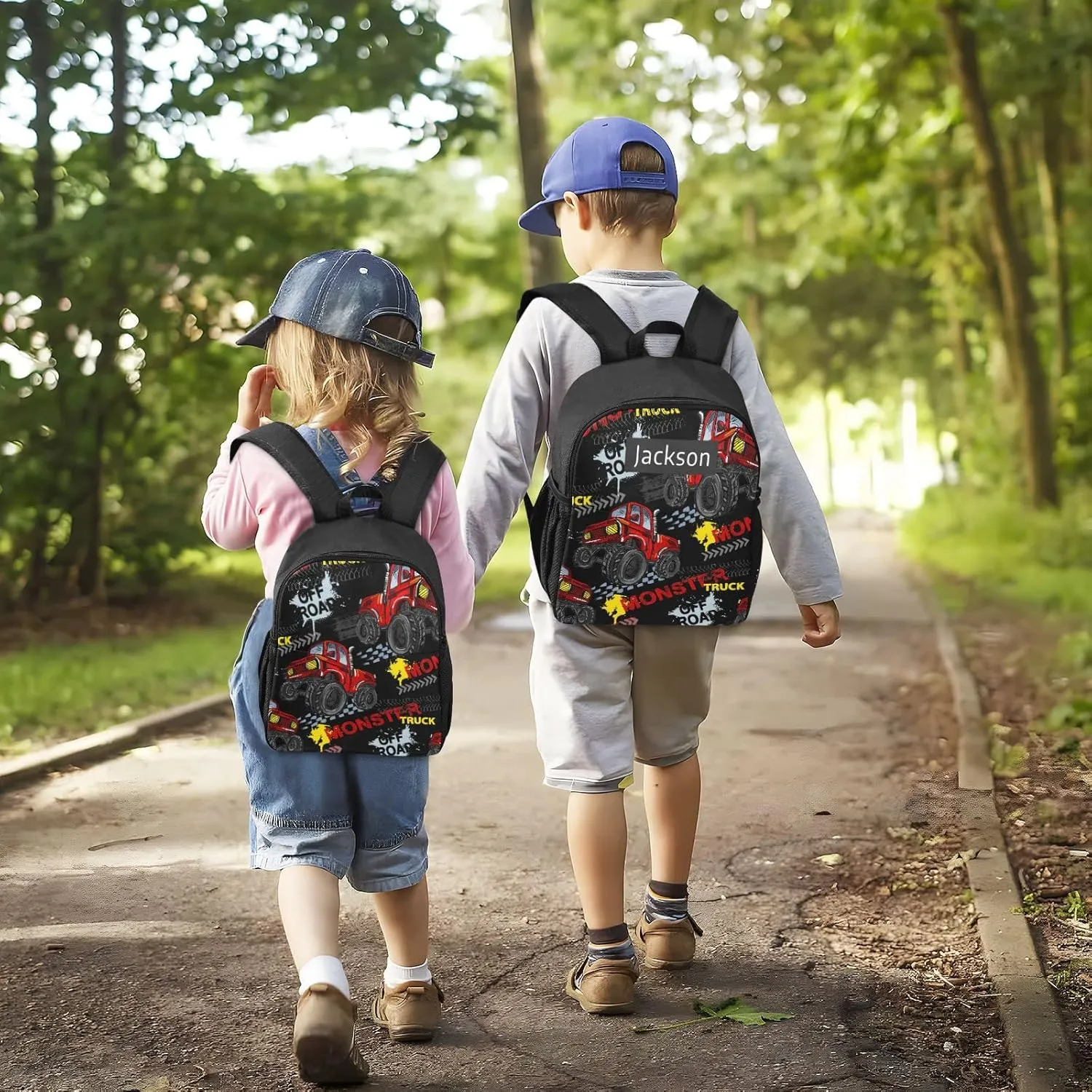 Naanle Custom Kids Backpack with Name Monster Trucks Backpacks Boys Girls Personalized Baby Rucksack for Preschool