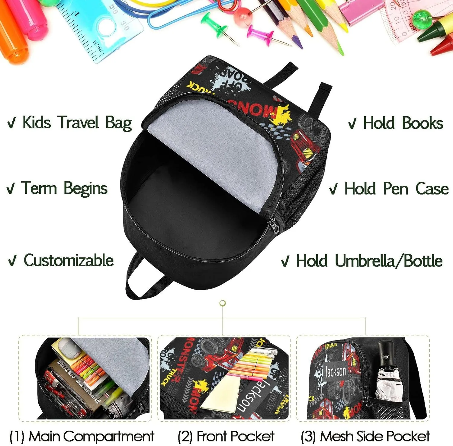 Naanle Custom Kids Backpack with Name Monster Trucks Backpacks Boys Girls Personalized Baby Rucksack for Preschool