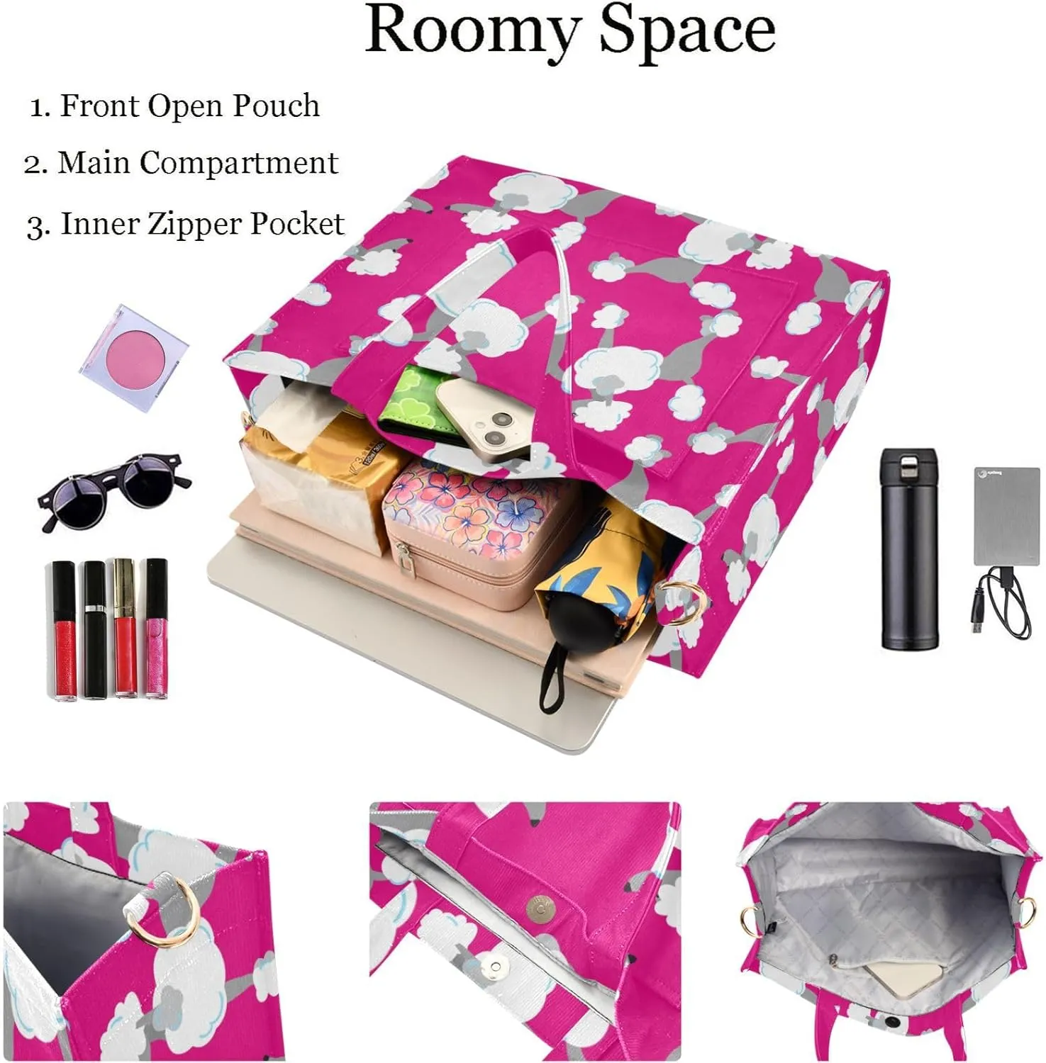 Naanle Futuristic Poodles Dogs Pink Floral Corduroy Satchel Crossbody Tote Bag for Work Beach Gym