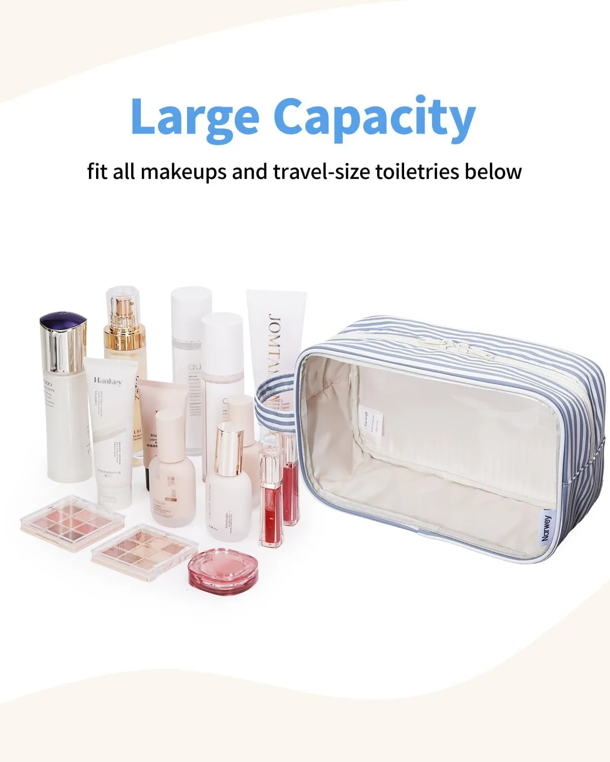 Narwey Striped Clear Makeup Bag Cosmetic Bag with Zipper for Travel, Clear Toiletry Bags for Traveling Toiletries Women Men, Make Up Pouch with Handle, Skincare Bag (Greyish Blue Stripe)