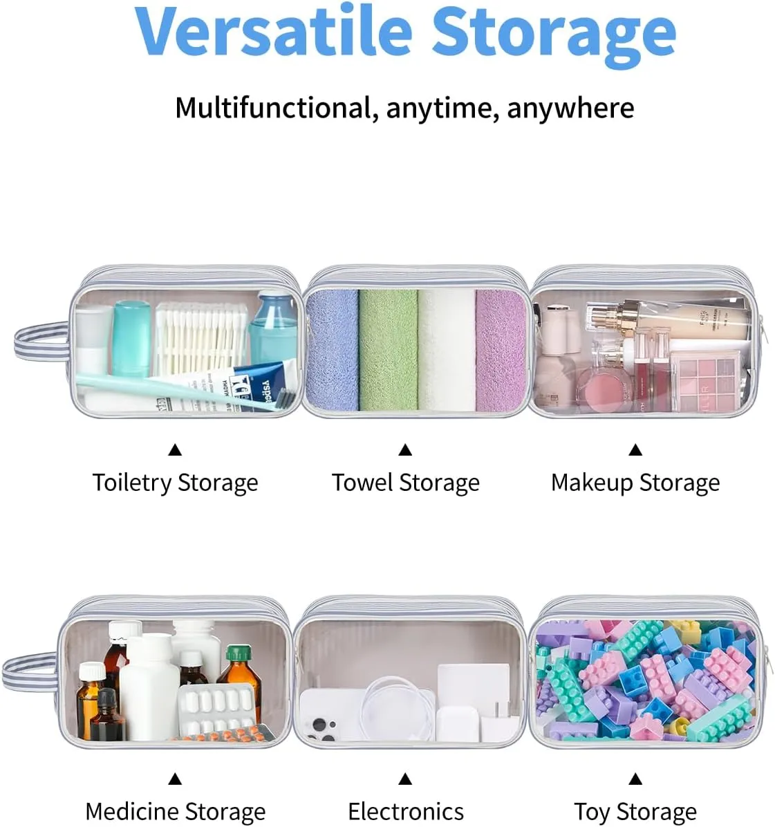 Narwey Striped Clear Makeup Bag Cosmetic Bag with Zipper for Travel, Clear Toiletry Bags for Traveling Toiletries Women Men, Make Up Pouch with Handle, Skincare Bag (Greyish Blue Stripe)