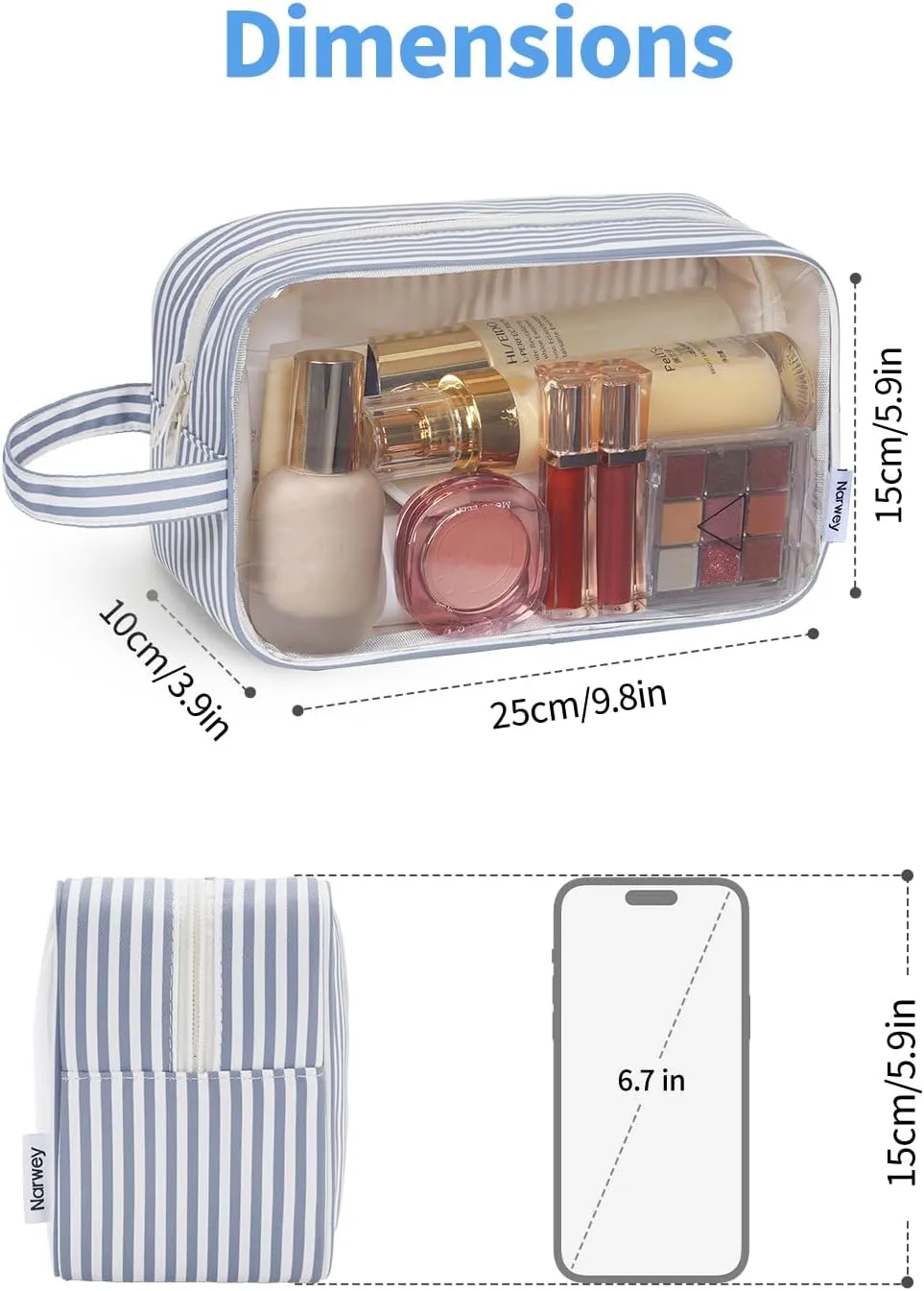 Narwey Striped Clear Makeup Bag Cosmetic Bag with Zipper for Travel, Clear Toiletry Bags for Traveling Toiletries Women Men, Make Up Pouch with Handle, Skincare Bag (Greyish Blue Stripe)
