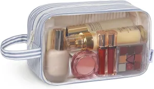 Narwey Striped Clear Makeup Bag Cosmetic Bag with Zipper for Travel, Clear Toiletry Bags for Traveling Toiletries Women Men, Make Up Pouch with Handle, Skincare Bag (Greyish Blue Stripe)