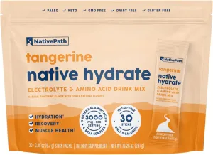 NativePath Native Hydrate Stick Packs, Sugar Free Electrolytes Powder with BCAAs, Tangerine Hydration, Keto & Paleo Friendly, 30 Servings