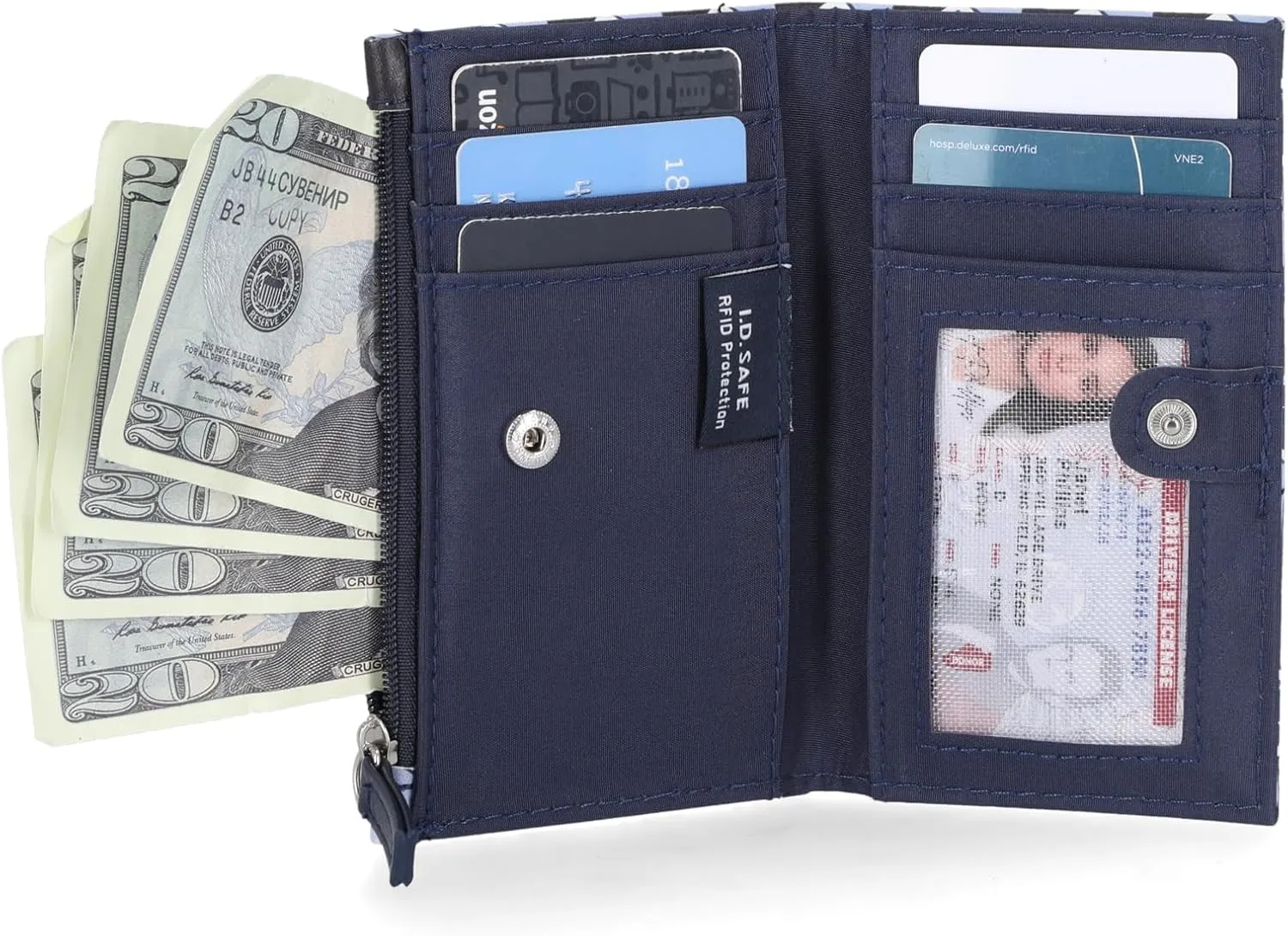 Nautica High Tide Small Wallet for Women, RFID Blocking Slim Credit Card Holder with Zipper Coin Pocket, Bifold Compact Wallet with ID Window, Glacial Blue