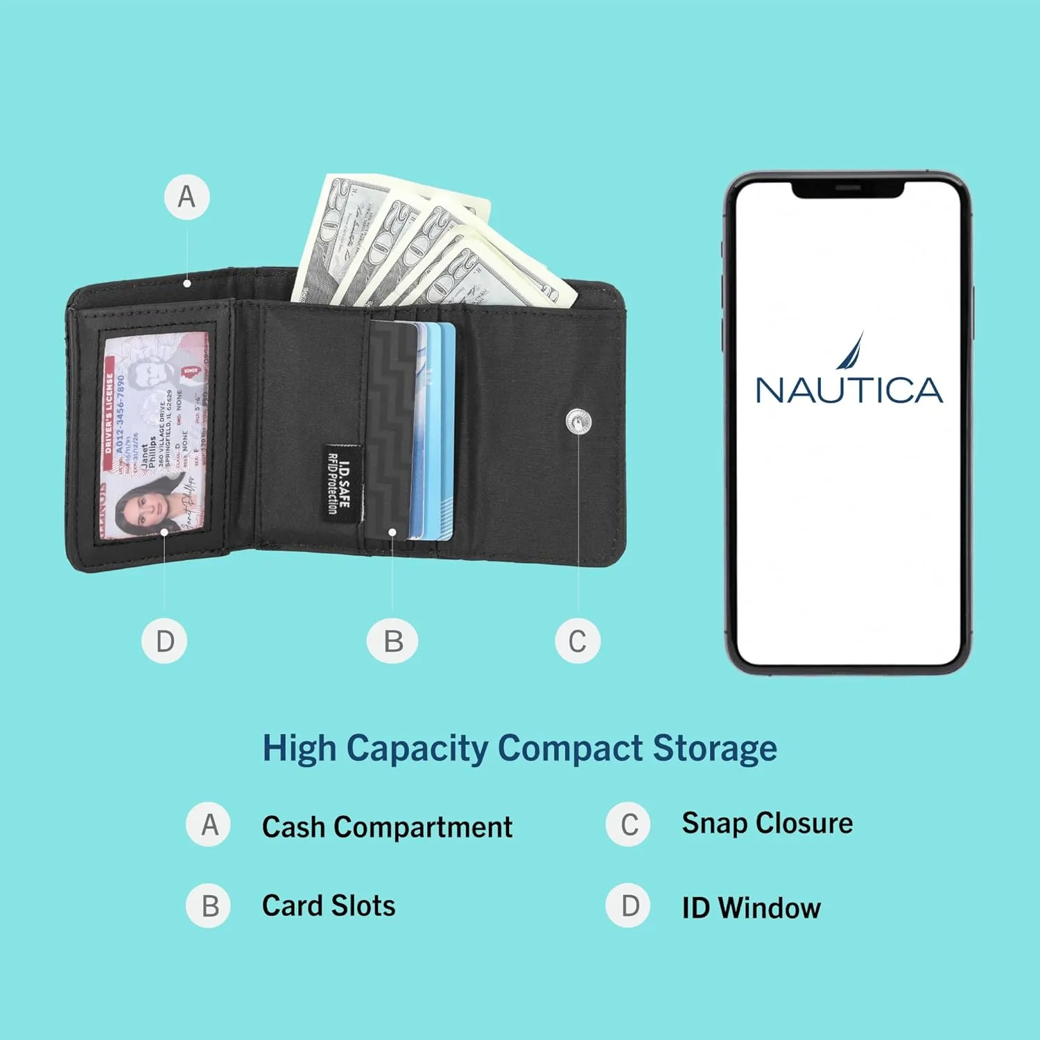 Nautica Rower's End Small Wallet for Women, RFID Blocking Slim Credit Card Holder with Zipper Coin Pocket, Bifold Compact Wallet with ID Window in Black Logo